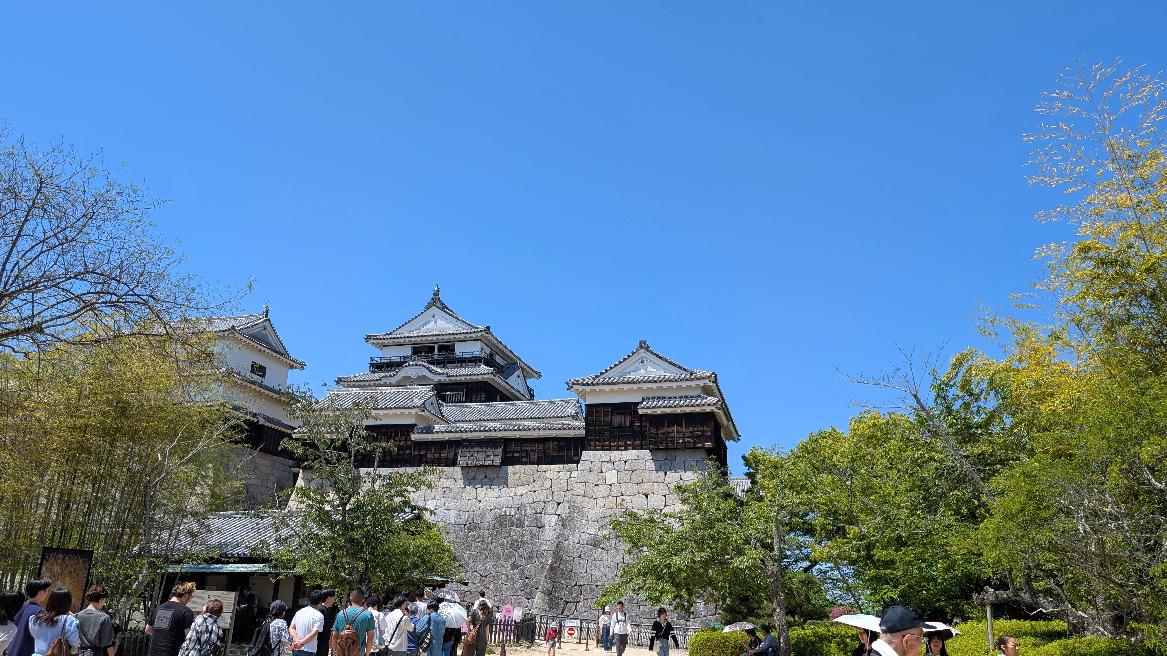 青空の下にそびえる松山城の天守閣と石垣。